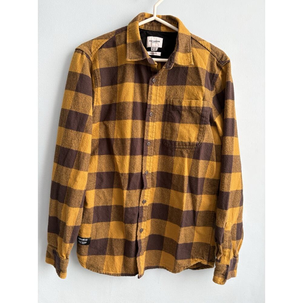 PULL & BEAR Mens Cotton Flannel Shirt Medium Yellow Gray/Brown Check EUR M